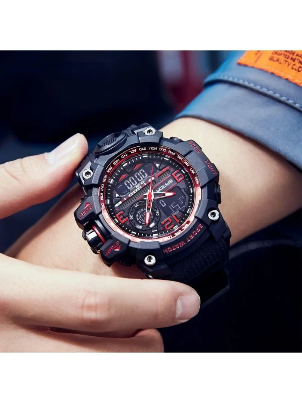 Men's Black Red Analog Quartz Sports Waterproof Military Tactical Digital Watch